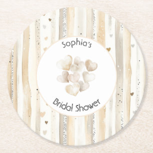 Porta-copo De Papel Redondo Chuva de Noiva Listras Corações Branco Creme