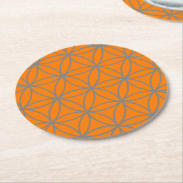 Porta-copo De Papel Redondo Cinza e Design de Flor de Lotus Gráfico Laranja