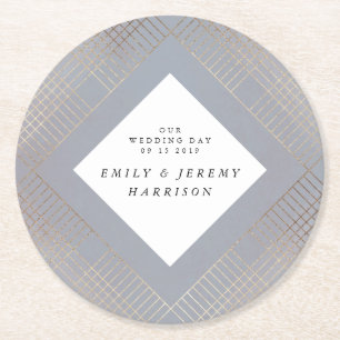 Porta-copo De Papel Redondo Cinza Geométrica Diamond Casamento Gatsby Dourado