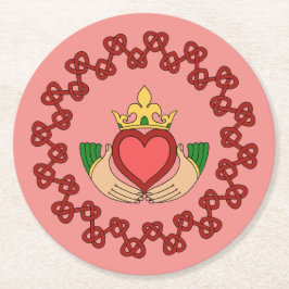 Porta-copo De Papel Redondo Claddagh e Red Knotwork a rosa