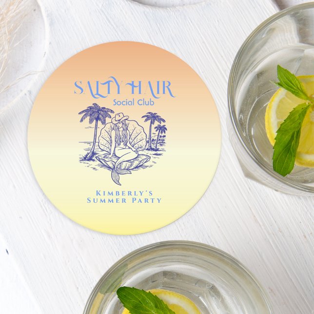 Porta-copo De Papel Redondo Coastal Yellow Mermaid Cowgirl Summer Party (Criador carregado)