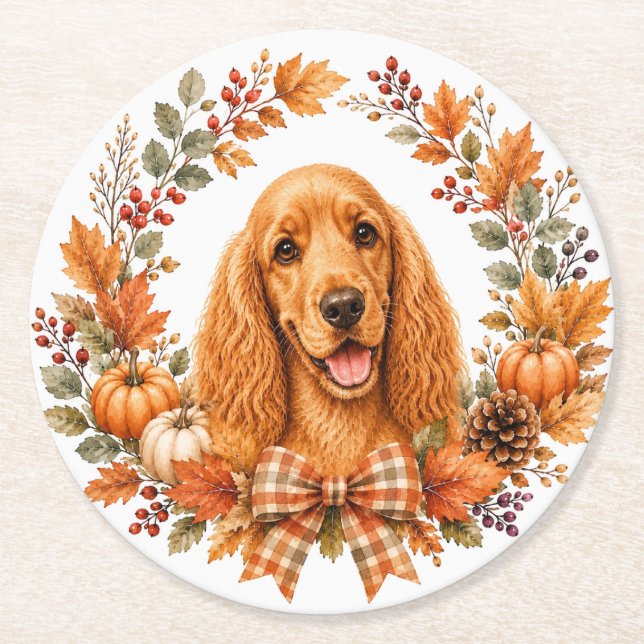 Porta-copo De Papel Redondo Cocker Spaniel Suporte de Outono (Frente)