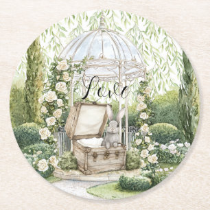 Porta-copo De Papel Redondo Coelho no Peito Folhas Verdes Florais Amor Casamen