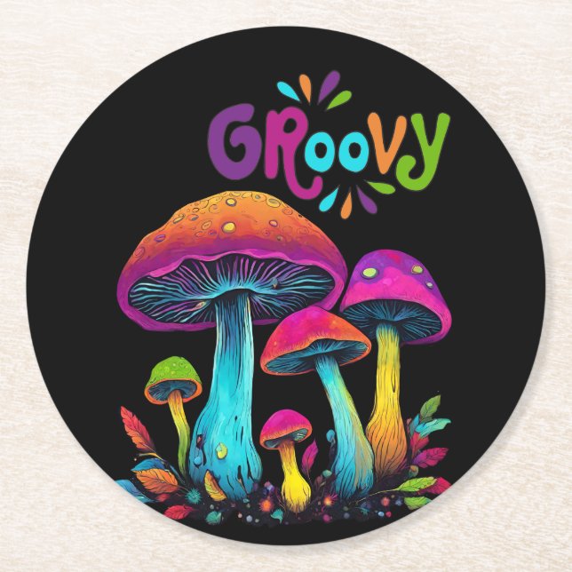 Porta-copo De Papel Redondo Cogumelos Psicodélicos Coloridos- (Frente)