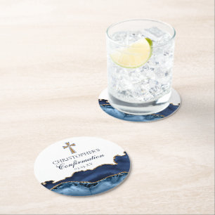 Porta-copo De Papel Redondo Confirmação Elegante Parte Dourada Azul Marinho
