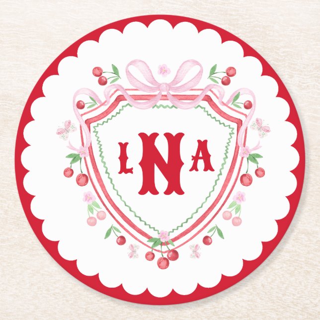 Porta-copo De Papel Redondo Conjunto de Coaster Coquette Cherry Monogram Crest (Frente)