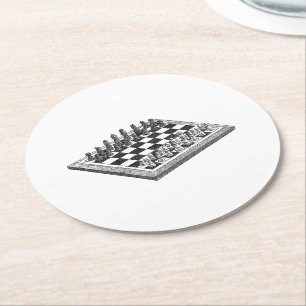 Porta-copo De Papel Redondo Conselho de xadrez e peças de xadrez Vintage Art