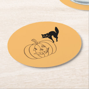 Porta-copo De Papel Redondo Copo de Papel - Abóbora e Gato Preto