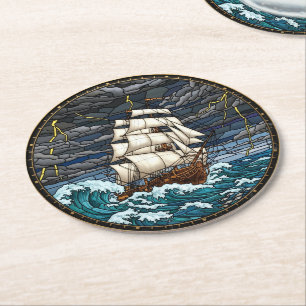Porta-copo De Papel Redondo Copo para Navio Antigo, Mar Tempestuoso, Náutico