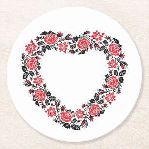 Porta-copo De Papel Redondo Coração original de flores de rosa vermelha com