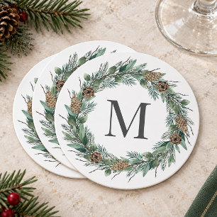 Porta-copo De Papel Redondo Coroa de Monograma de Verdura de Inverno Rústico