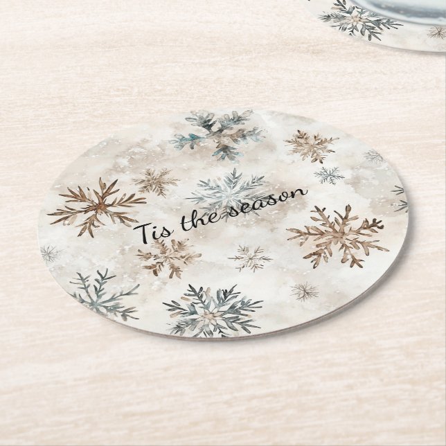 Porta-copo De Papel Redondo Cream Blue Brown Snowflakes Christmas (Angulado)