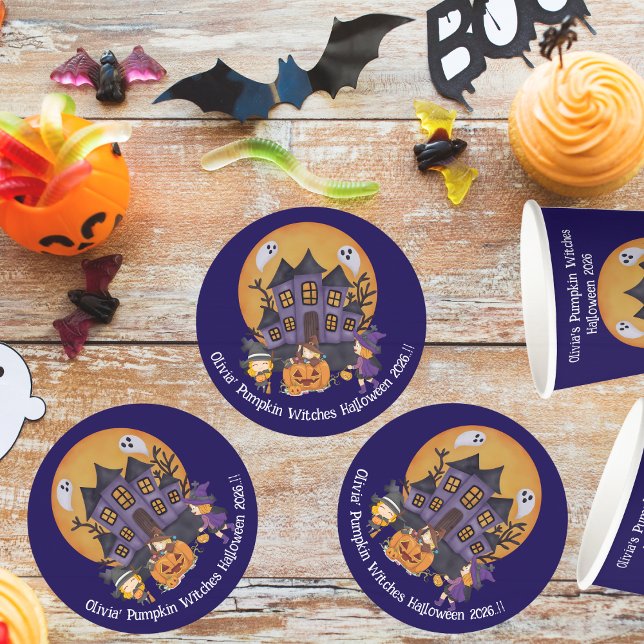 Porta-copo De Papel Redondo Crianças Pumpkin Bruxas Festa de Halloween (Pumpkin Witches Halloween Party Round Paper Coaster)
