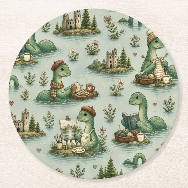 Porta-copo De Papel Redondo Críptidos Aconchegantes Nessie Monstro do Lago Nes (Frente)