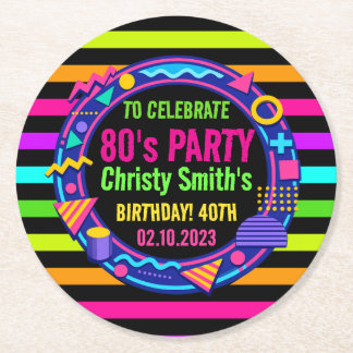 Porta-copo De Papel Redondo Custom Retro Neon 80’s Birthday Party