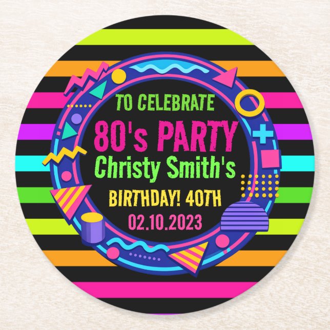 Porta-copo De Papel Redondo Custom Retro Neon 80’s Birthday Party (Frente)