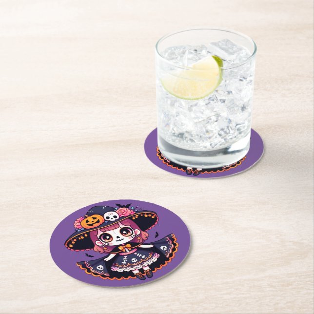 Porta-copo De Papel Redondo Cute catrina girl halloween  (Insitu)