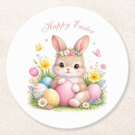 Porta-copo De Papel Redondo Cute Easter Bunny Rabbit Pink Blush Peony