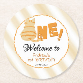 Porta-copo De Papel Redondo Cute Fat Orange Cat 1st Birthday