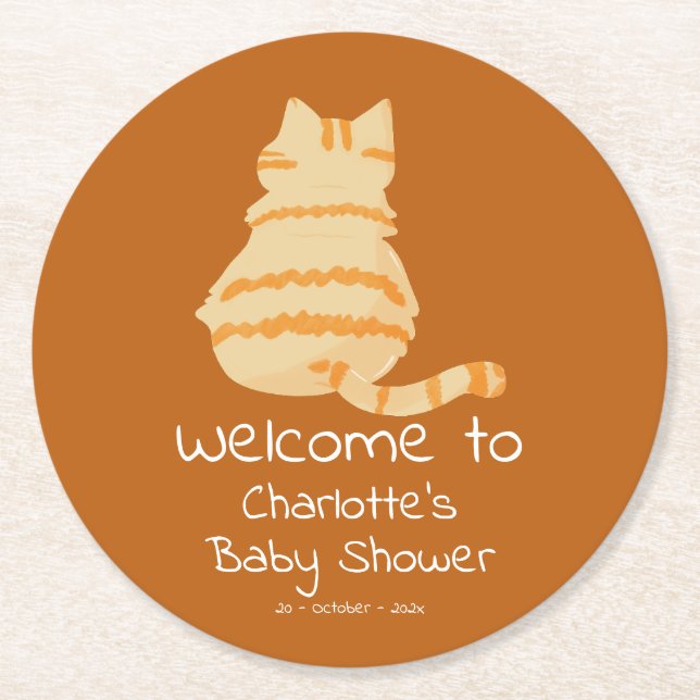 Porta-copo De Papel Redondo Cute Fat Orange Cat Baby Shower (Frente)
