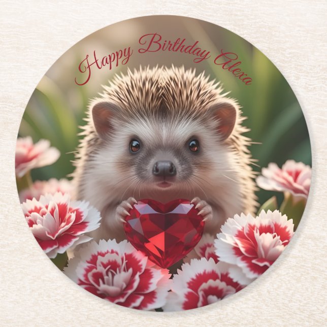 Porta-copo De Papel Redondo Cute January Hedgehog with Garnet Heart (Frente)