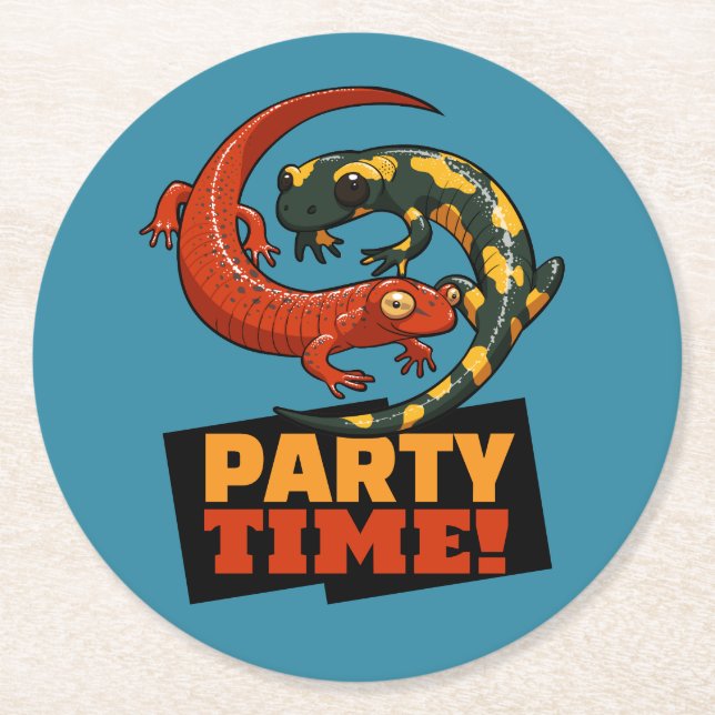 Porta-copo De Papel Redondo Cute Salamanders Party Time! Red & Fire Cartoon (Frente)