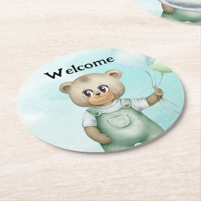 Porta-copo De Papel Redondo cute teddy bear green background (Angulado)