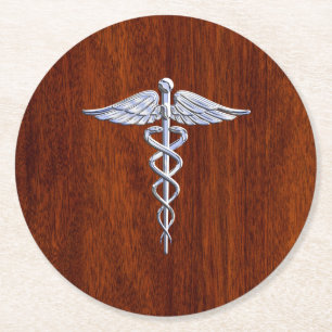 Porta-copo De Papel Redondo Decoração médica do mogno do símbolo do Caduce