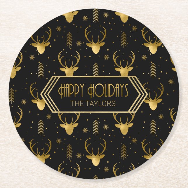 Porta-copo De Papel Redondo Deer Antlers Arrows Padrão de Natal Dourado ID861 (Frente)