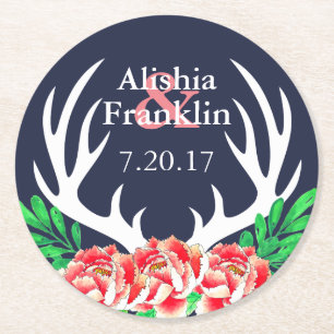 Porta-copo De Papel Redondo Deer Antlers & Peonies Noiva & Horom Data de Casam