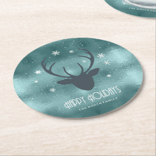 Porta-copo De Papel Redondo Deer Antlers Silhouette & Snowflakes ID861