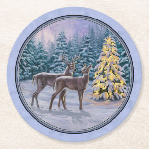 Porta-copo De Papel Redondo Deer e Árvore de Natal Blue