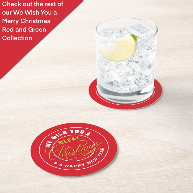 Porta-copo De Papel Redondo Desejamos-lhe um Feliz Natal Vermelho (Criador carregado)