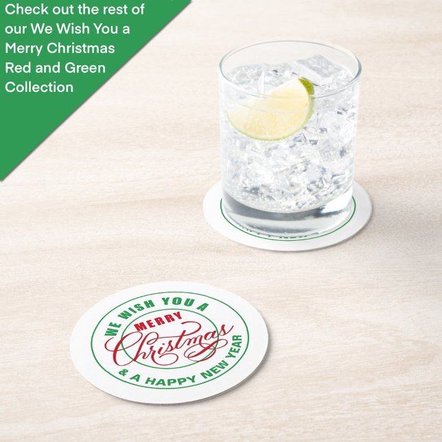 Porta-copo De Papel Redondo Desejamos Um Feliz Natal Vermelho e Verde (Criador carregado)