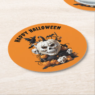 Porta-copo De Papel Redondo Design de Caveira Feliz do Halloween