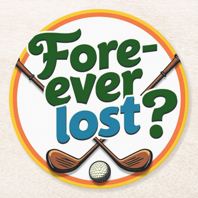 Porta-copo De Papel Redondo Design de Golfe Engraçado: Perdido para sempre? (Frente)