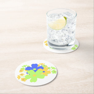 Porta-copo De Papel Redondo Design Floral Elegante em Verde Amarelo Azul