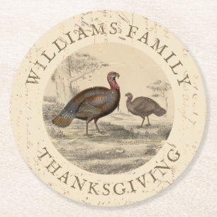 Porta-copo De Papel Redondo Dia de Ação de Graças, Vintage Turkey Day Famil