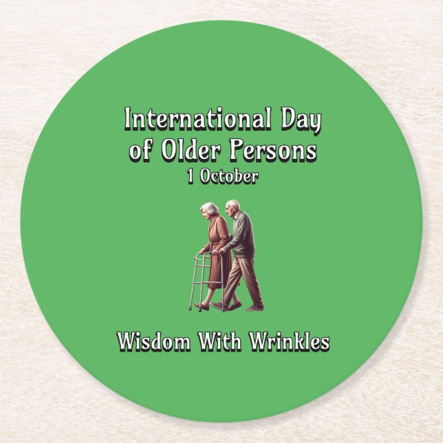 Porta-copo De Papel Redondo Dia Internacional dos Idosos. Sabedoria. (Frente)