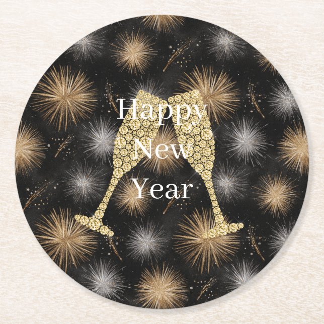 Porta-copo De Papel Redondo Diamond Champagne Happy New Year Black Fireworks (Frente)
