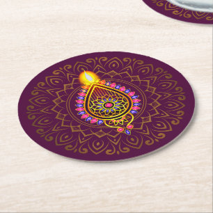 Porta-copo De Papel Redondo Diwali Jeweled Diya Candle Design Mandala Purple