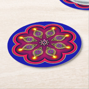 Porta-copo De Papel Redondo Diwali Purple Diya Flame Lotus Mandala Blue