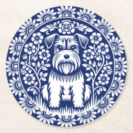 Porta-copo De Papel Redondo Doce Terrier Puppy Blue e White Vintage Floral