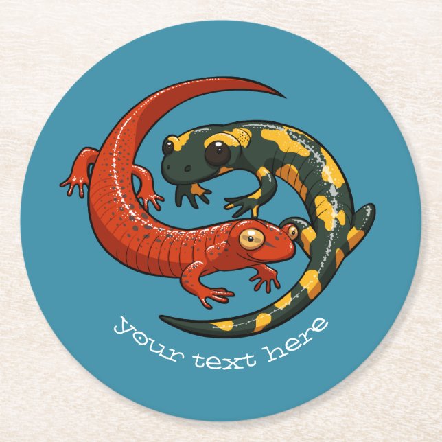 Porta-copo De Papel Redondo Dois Cartoon Amigos Salamander Smiling Enrelaçados (Frente)