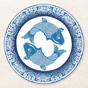 Porta-copo De Papel Redondo Dois Peixes de Peixes Padrão Azul Koi Carp Chinois