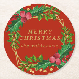 Porta-copo De Papel Redondo Dourada festa de Natal Red Merry Holly Glitter