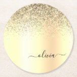 Porta-copo De Papel Redondo Dourada Glitter Girly Luxury Moderno Monograma Nom<br><div class="desc">Dourada Folha de Folha Metálica Brilhante Metálica Glitter Brutado Monograma de Metais de Nome Portas copos de Papel. Isso faz a formatura perfeita,  aniversário,  casamento,  chá de panela,  aniversário,  chá de fraldas ou presente de festa de solteira para alguém que ama luxo de vidro e estilos quíticos.</div>