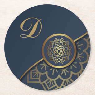 Porta-copo De Papel Redondo Dourado luxo personalizado Mandala Art Blue