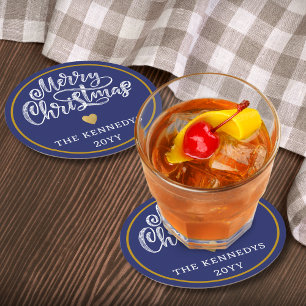 Porta-copo De Papel Redondo Dourado Natal Azul