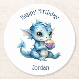 Porta-copo De Papel Redondo Dragão-bebê azul-bonito comendo um Cupcake